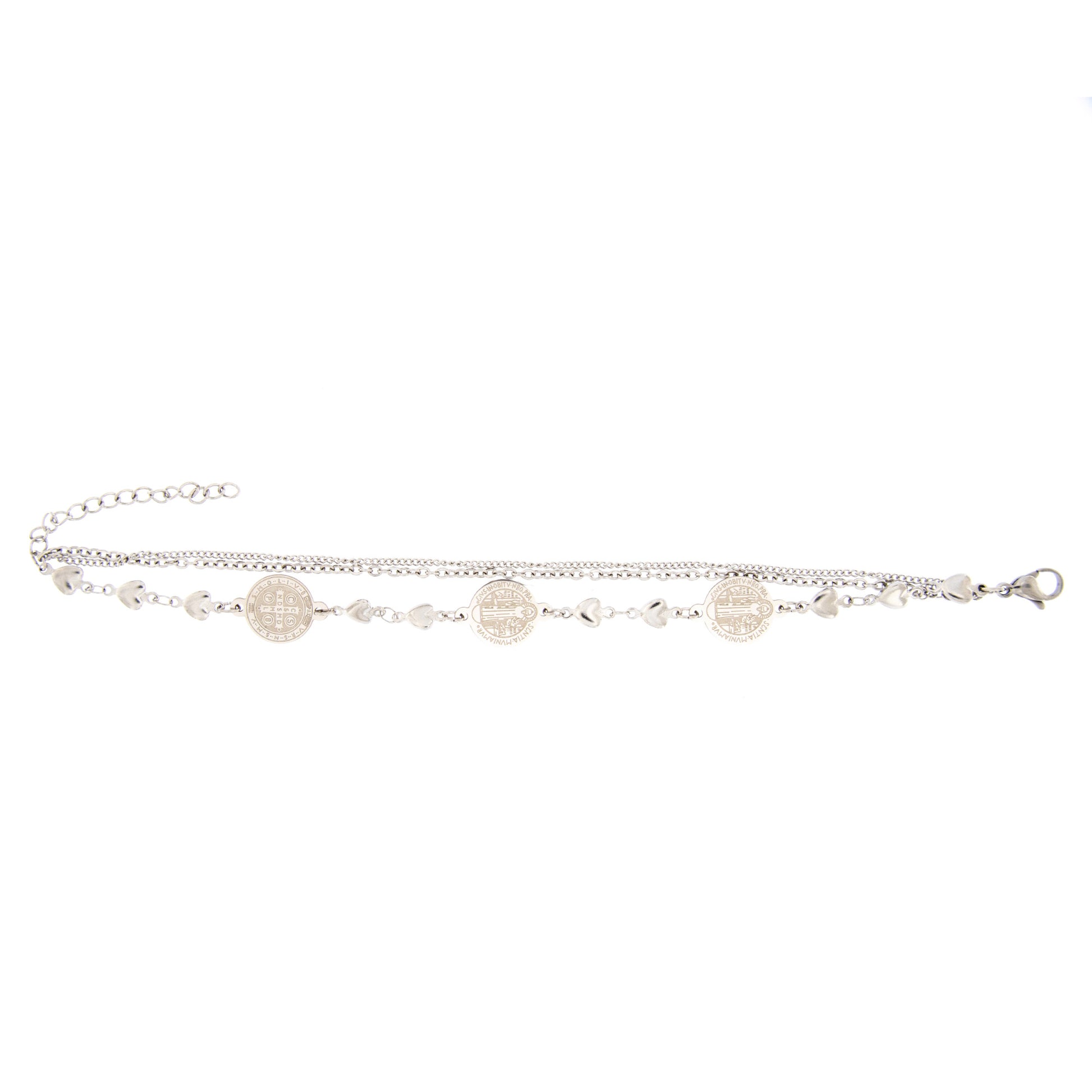 Bracciale in acciaio triplo filo con medaglie san Benedetto. Lunghezza 22 cm