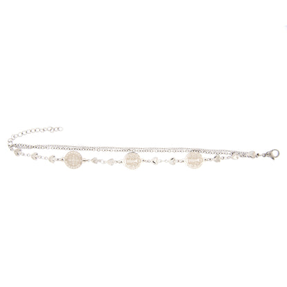 Bracciale in acciaio triplo filo con medaglie san Benedetto. Lunghezza 22 cm