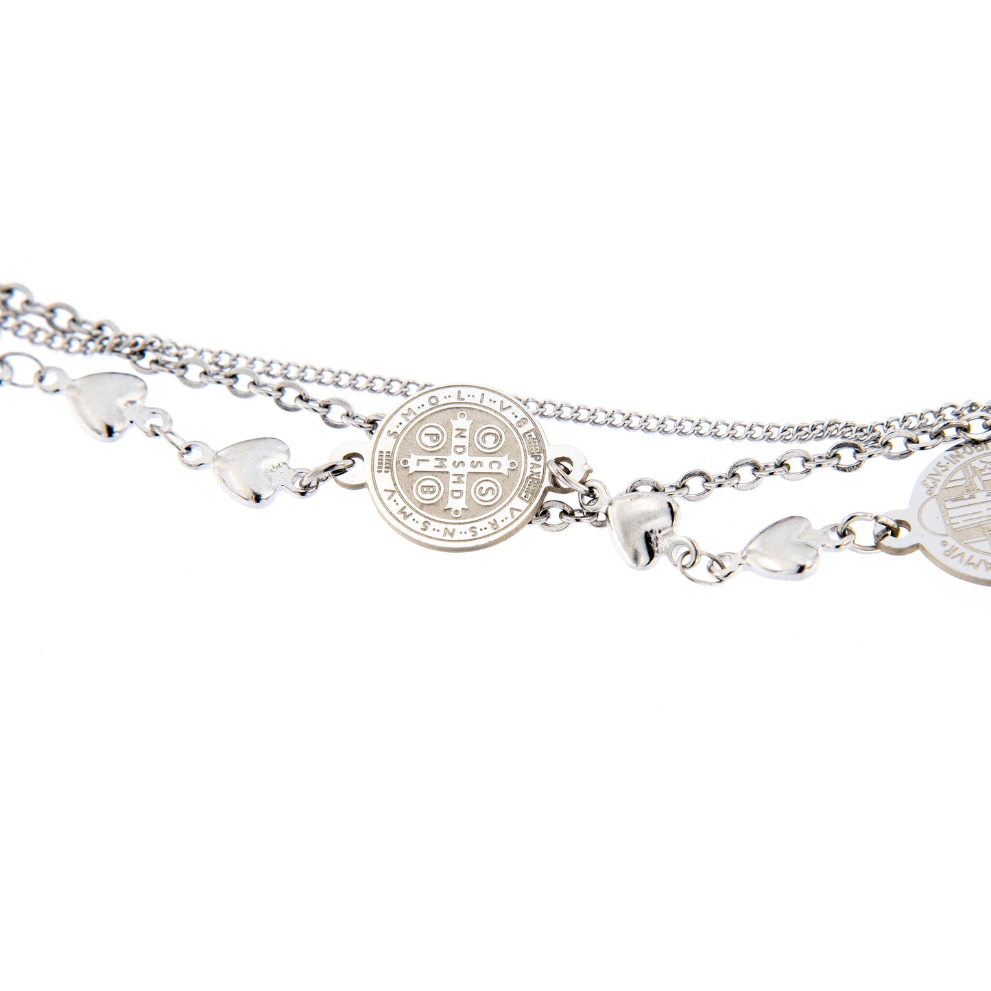 Bracciale in acciaio triplo filo con medaglie san Benedetto. Lunghezza 22 cm