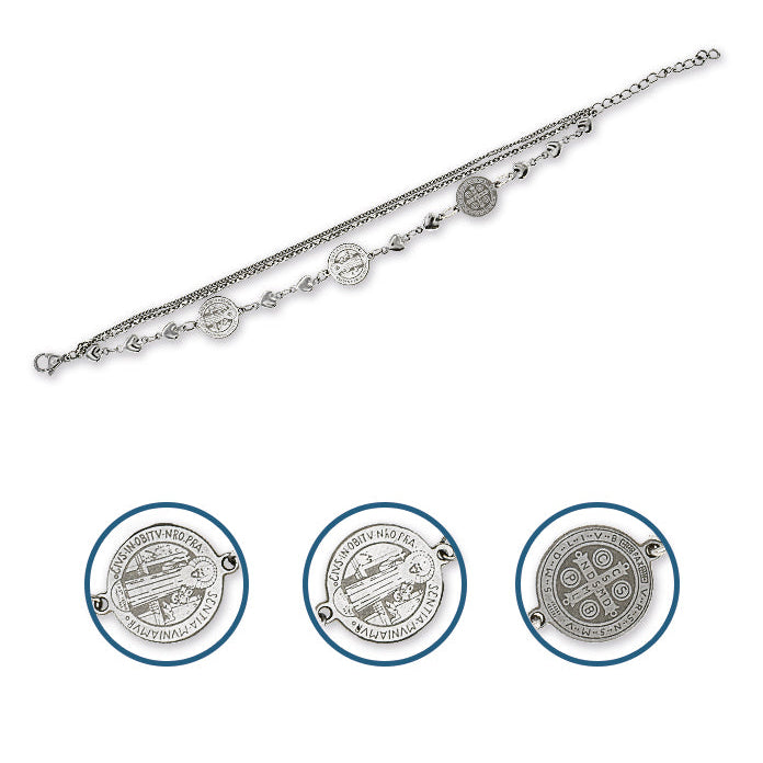 Bracciale in acciaio triplo filo con medaglie san Benedetto. Lunghezza 22 cm