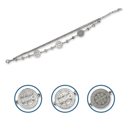 Bracciale in acciaio triplo filo con medaglie san Benedetto. Lunghezza 22 cm