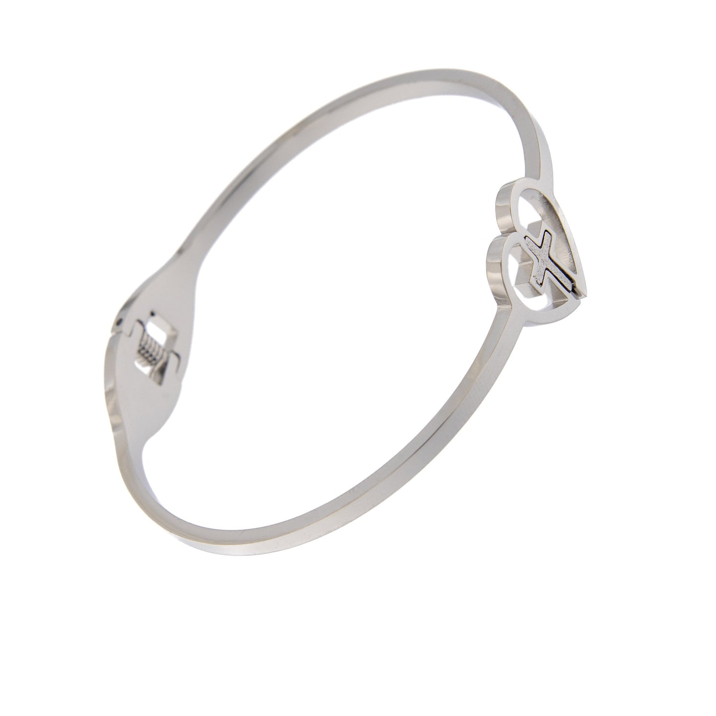 Bracciale rigido in acciaio con cuore e croce. Dimensioni 6,5x5 cm