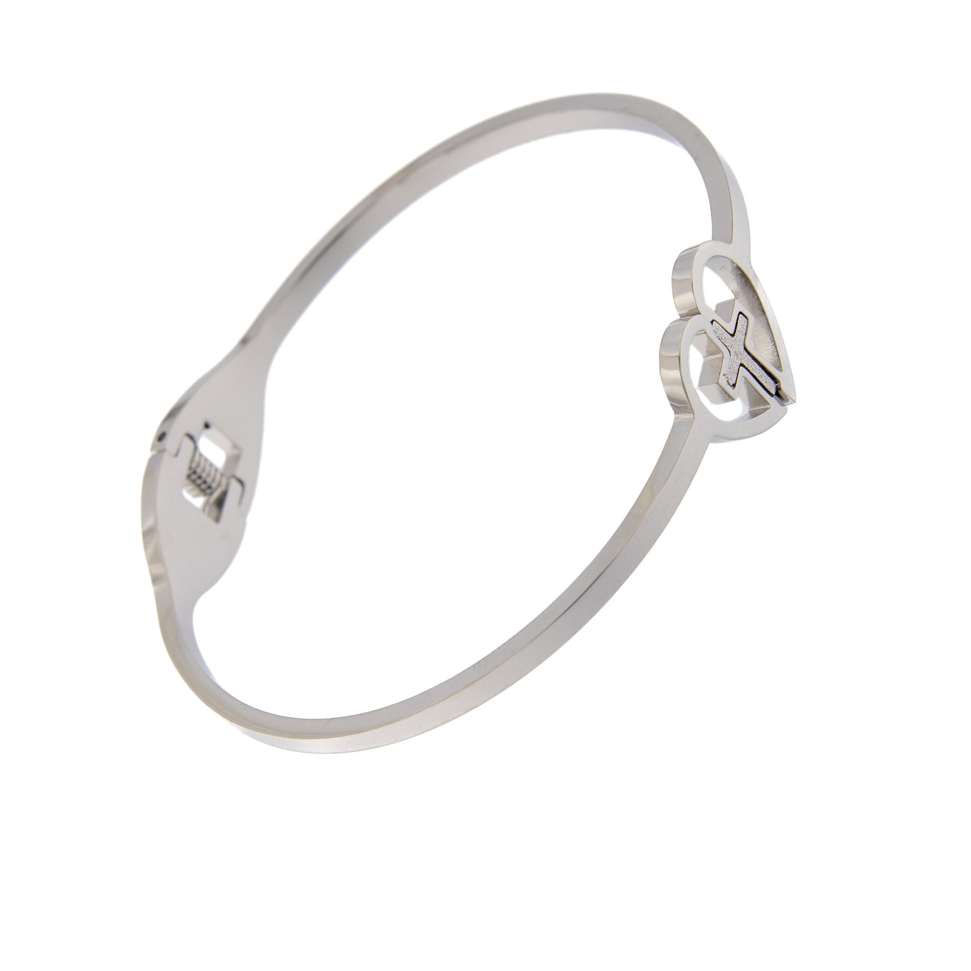 Bracciale rigido in acciaio con cuore e croce. Dimensioni 6,5x5 cm