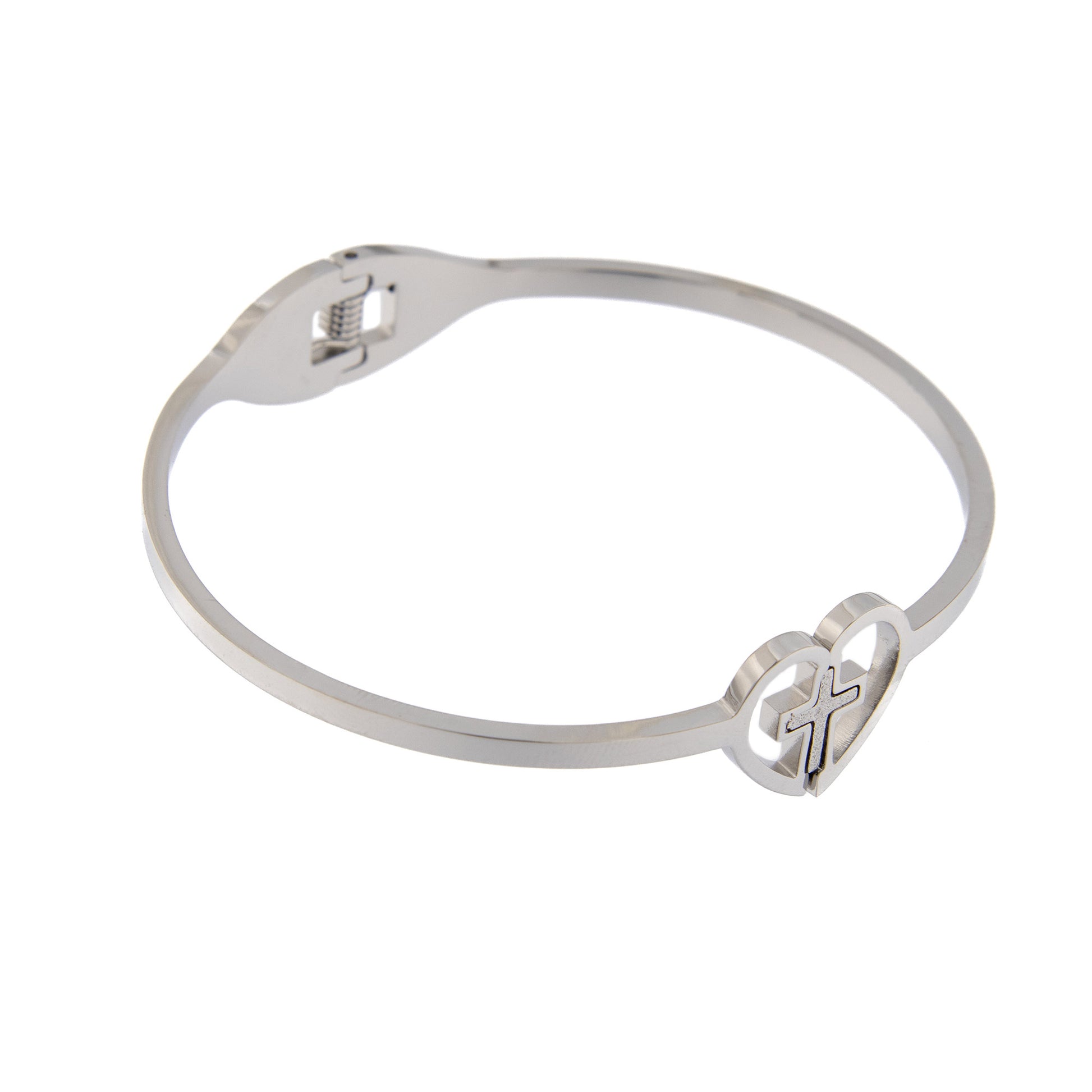 Bracciale rigido in acciaio con cuore e croce. Dimensioni 6,5x5 cm