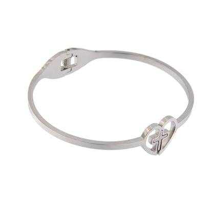 Bracciale rigido in acciaio con cuore e croce. Dimensioni 6,5x5 cm