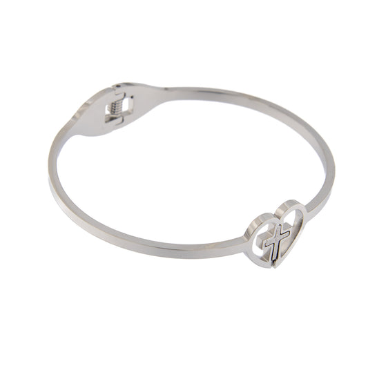 Bracciale rigido in acciaio con cuore e croce. Dimensioni 6,5x5 cm