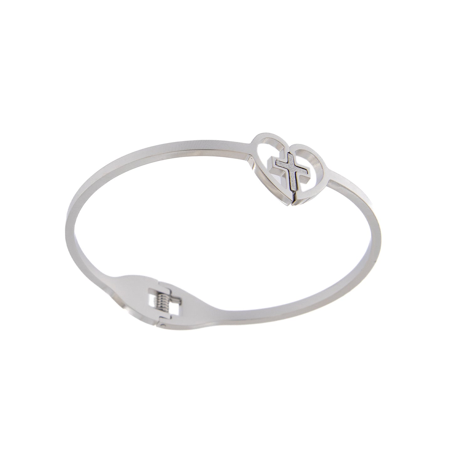 Bracciale rigido in acciaio con cuore e croce. Dimensioni 6,5x5 cm