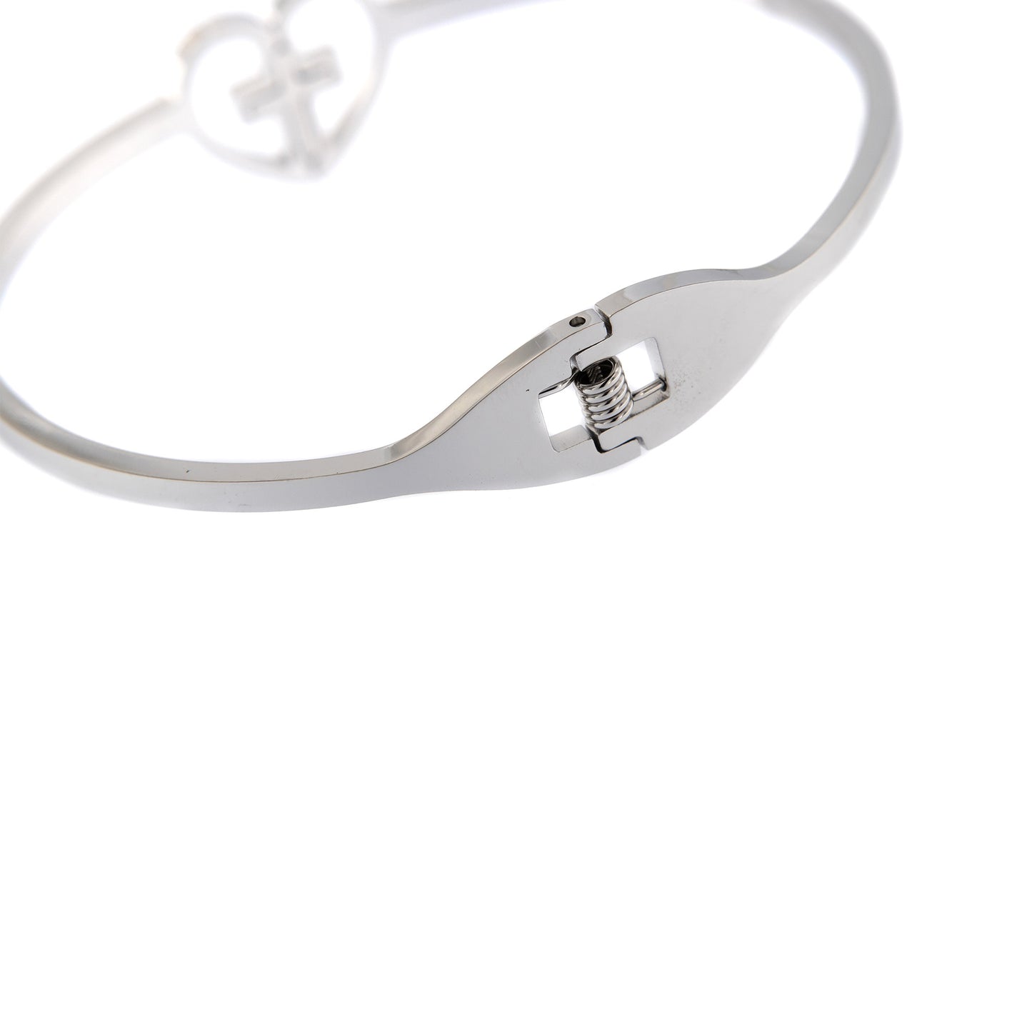 Bracciale rigido in acciaio con cuore e croce. Dimensioni 6,5x5 cm