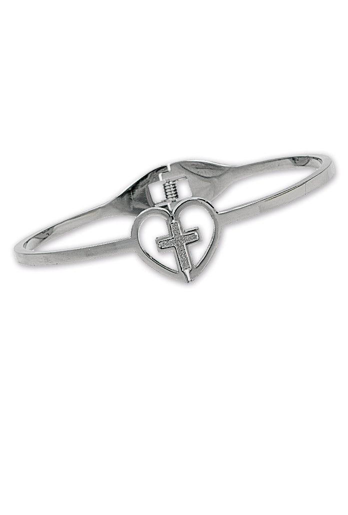 Bracciale rigido in acciaio con cuore e croce. Dimensioni 6,5x5 cm