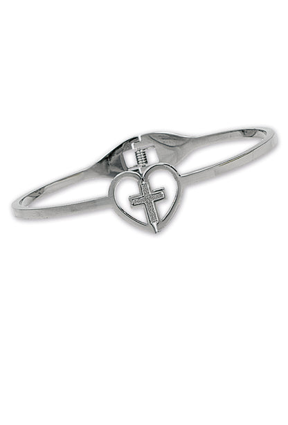 Bracciale rigido in acciaio con cuore e croce. Dimensioni 6,5x5 cm