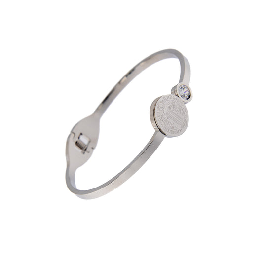 Bracciale rigido in acciaio medaglia san Benedetto e strass. Dimensioni 6,5x5 cm
