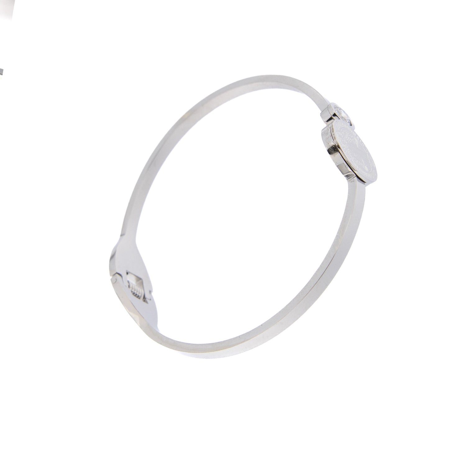 Bracciale rigido in acciaio medaglia san Benedetto e strass. Dimensioni 6,5x5 cm