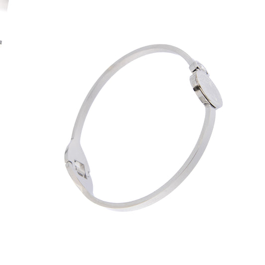 Bracciale rigido in acciaio medaglia san Benedetto e strass. Dimensioni 6,5x5 cm