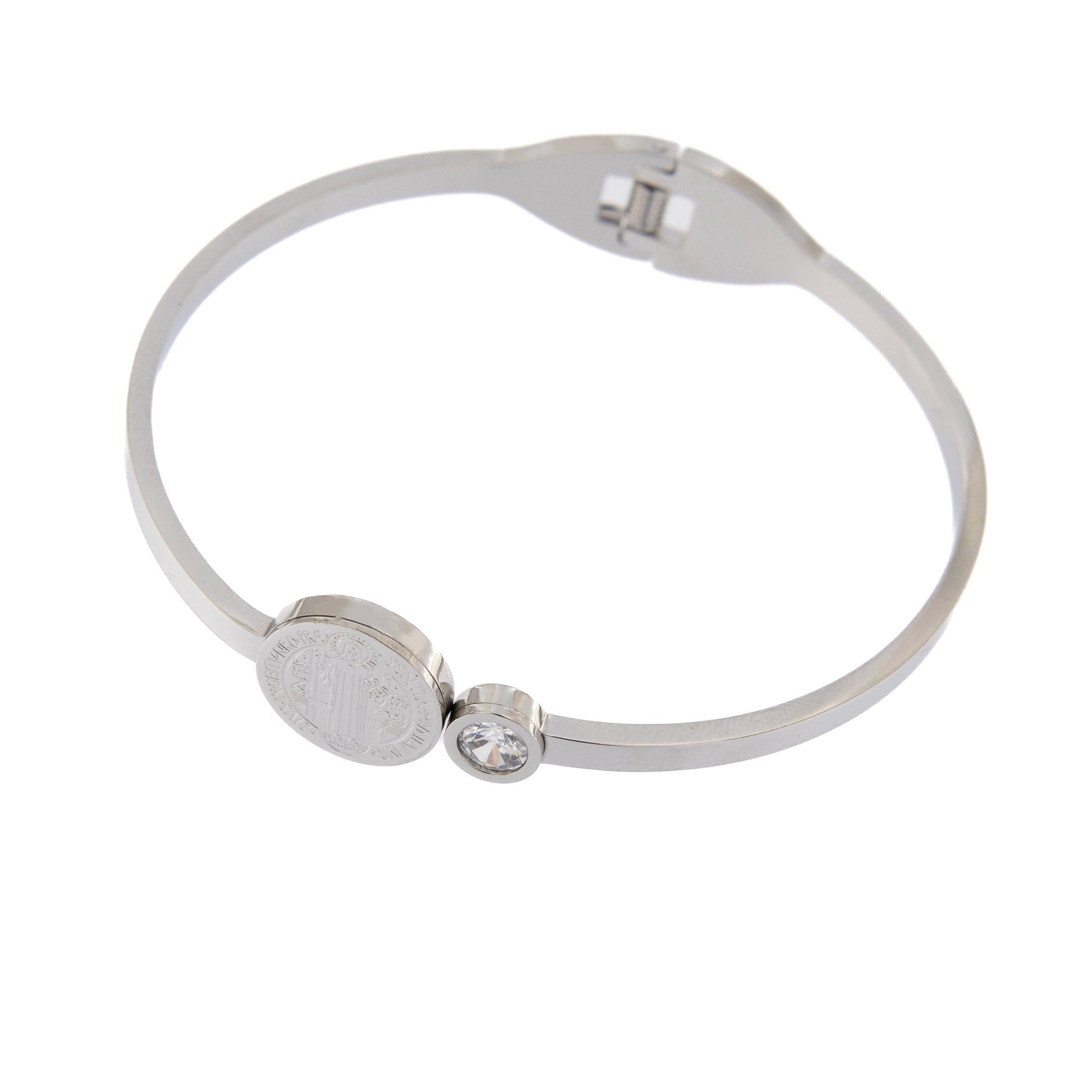 Bracciale rigido in acciaio medaglia san Benedetto e strass. Dimensioni 6,5x5 cm