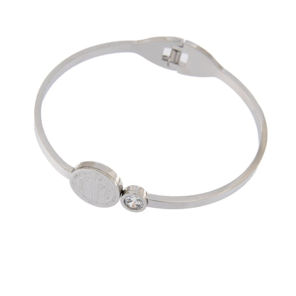Bracciale rigido in acciaio medaglia san Benedetto e strass. Dimensioni 6,5x5 cm