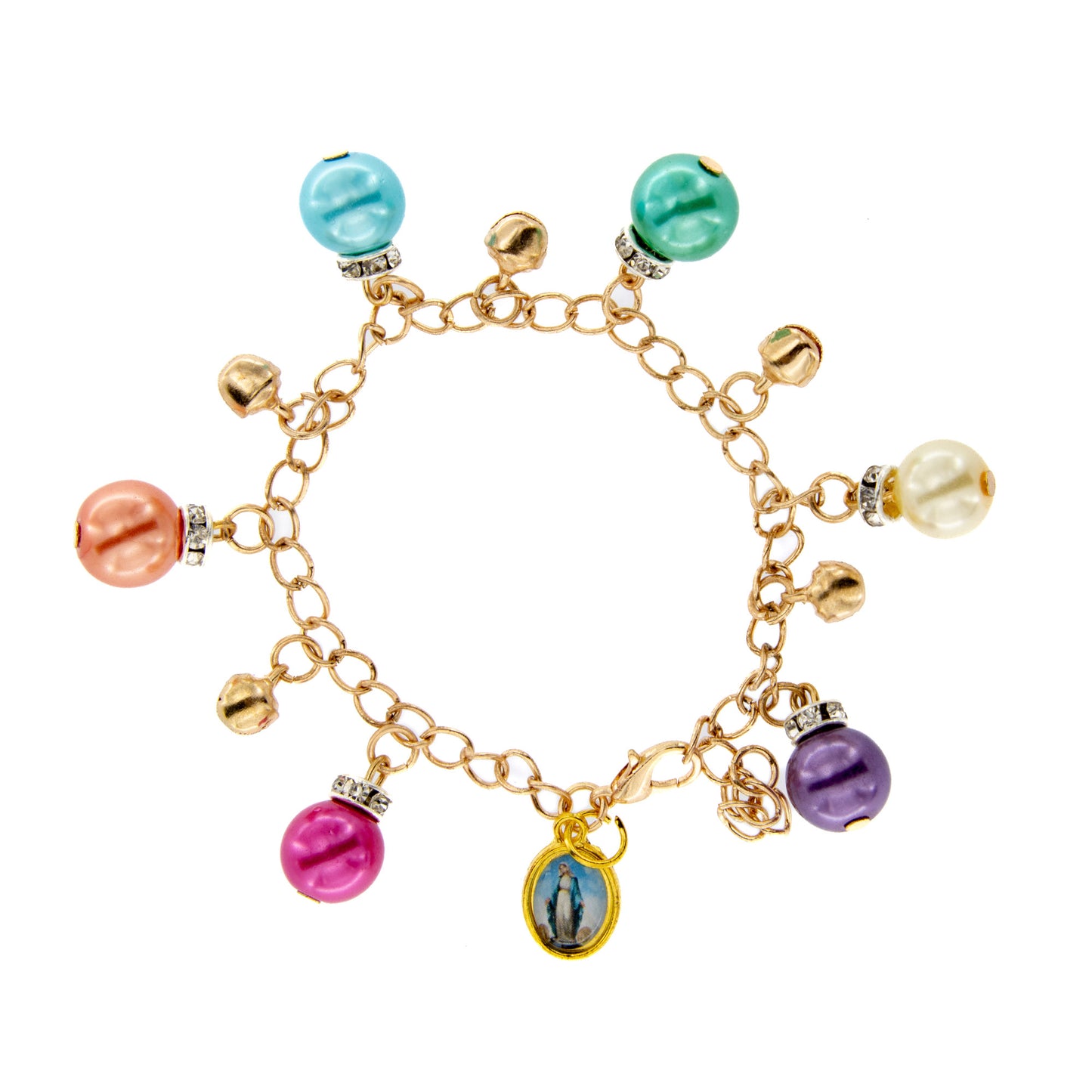 Bracciale in metallo dorato con perline pendenti colorate
