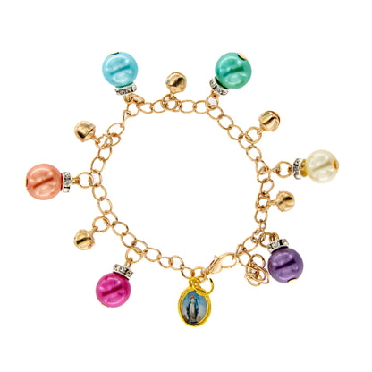 Bracciale in metallo dorato con perline pendenti colorate