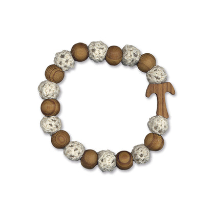 Bracciale elastico con grani in legno e merletto decorato