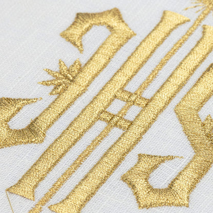 Servizio da Altare in lino, con ricamo simbolo JHS dorato