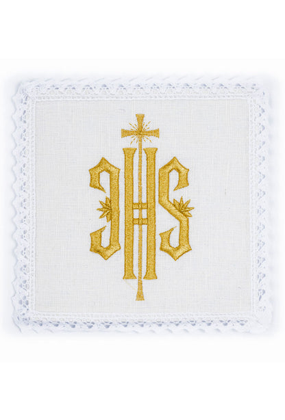 Servizio da Altare in lino, con ricamo simbolo JHS dorato