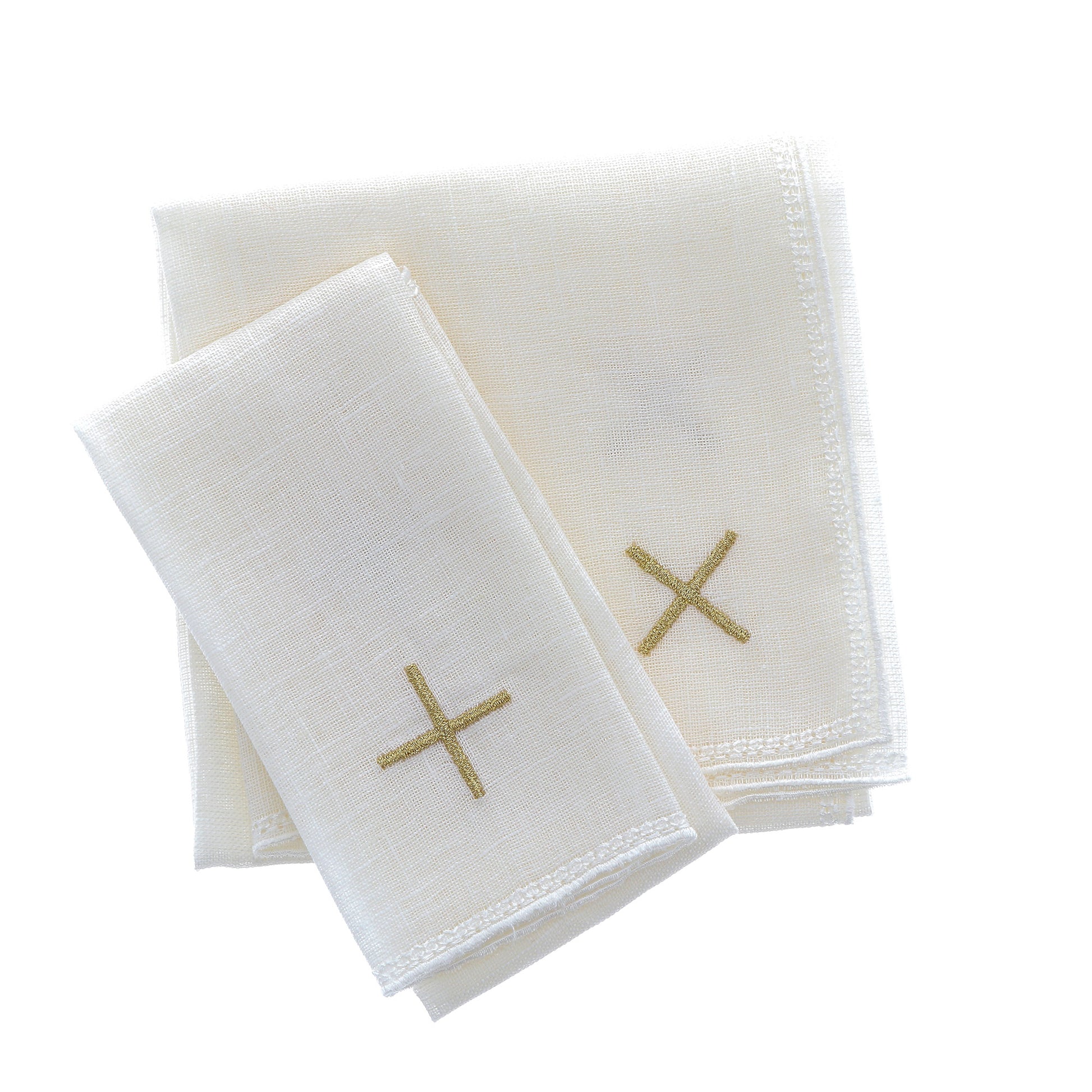 Servizio da Altare in lino, con ricamo simbolo mariano dorato e celeste