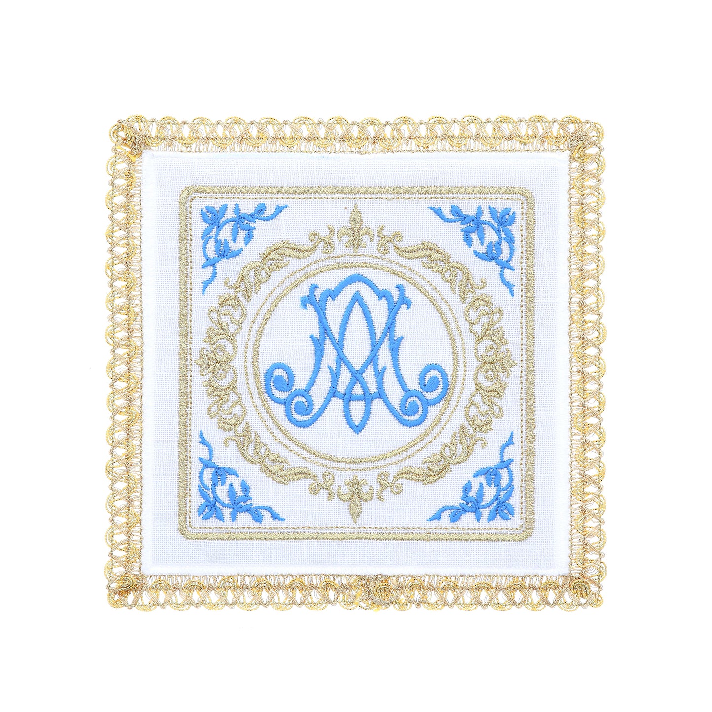 Servizio da Altare in lino, con ricamo simbolo mariano dorato e celeste