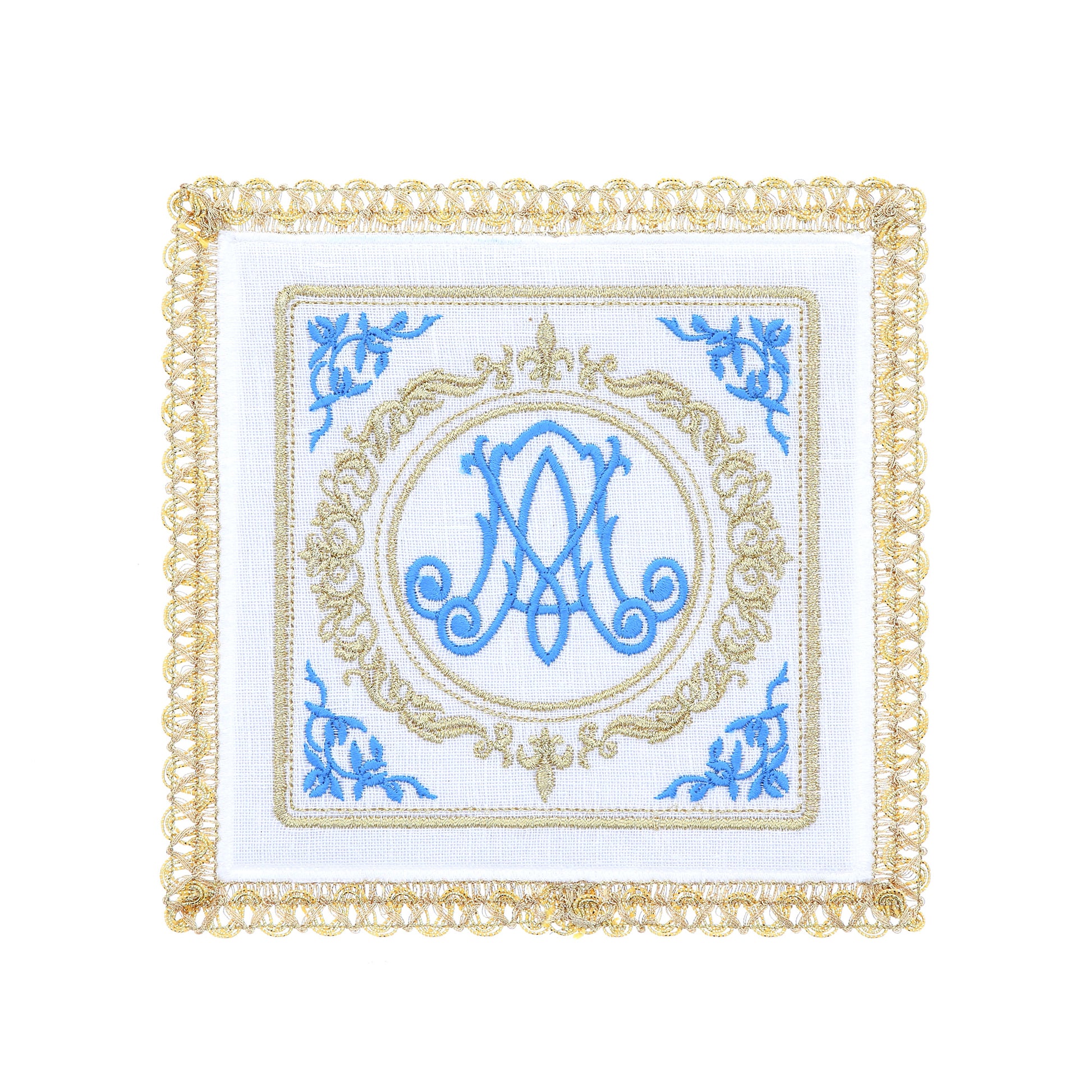 Servizio da Altare in lino, con ricamo simbolo mariano dorato e celeste