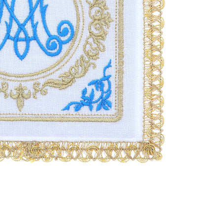 Servizio da Altare in lino, con ricamo simbolo mariano dorato e celeste