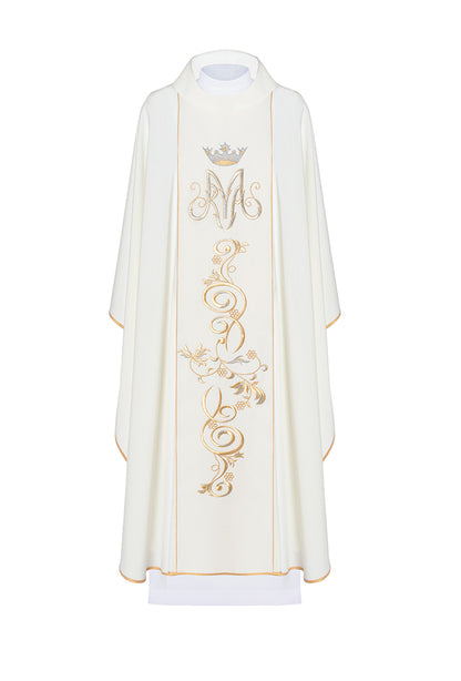 Casula mariana avorio con ricamo M di Maria in oro e argento. Misto poliestere