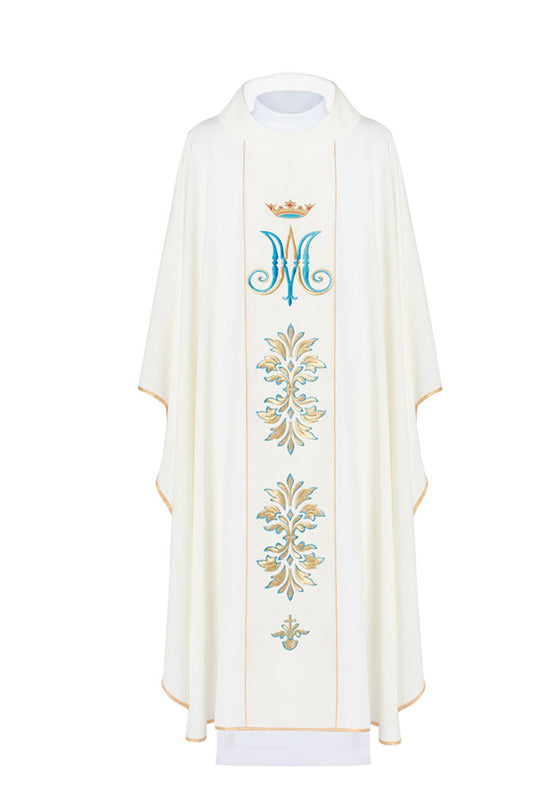 Casula mariana con ricamo M di Maria dorato e celeste. Misto poliestere