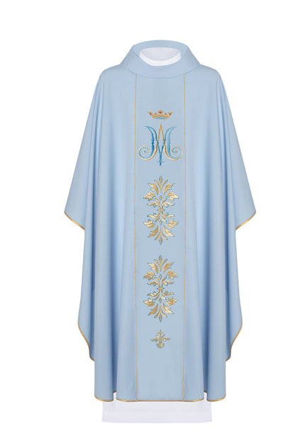 Casula mariana con ricamo M di Maria dorato e celeste. Misto poliestere