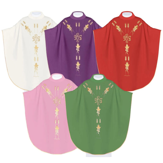 Casula ricamata con simbolo JHS dorato, vite e spighe. Misto poliestere