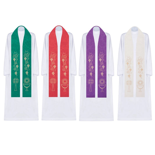 Stola sacerdotale con ricamo dorato Calice, Croce e vite