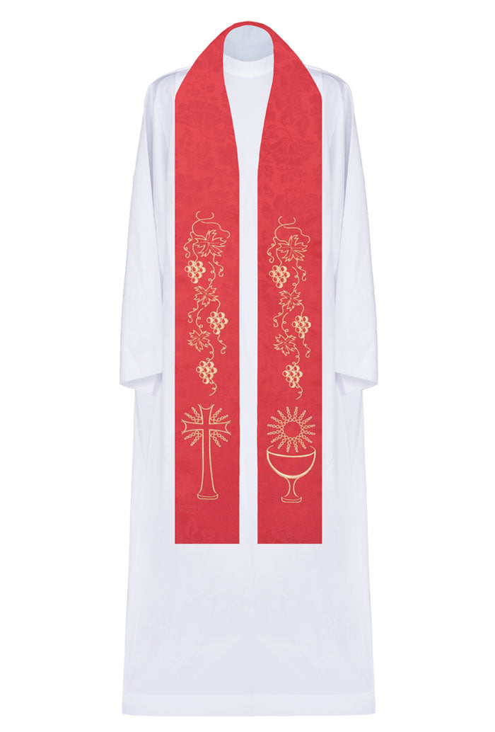 Stola sacerdotale con ricamo dorato Calice, Croce e vite
