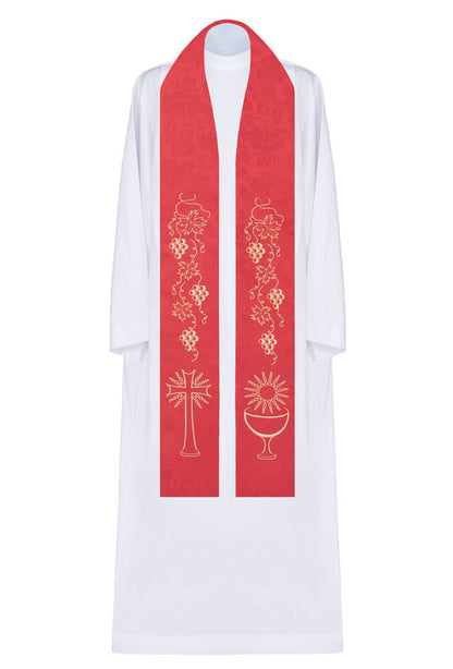 Stola sacerdotale con ricamo dorato Calice, Croce e vite