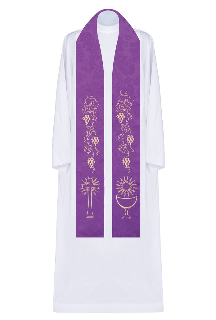 Stola sacerdotale con ricamo dorato Calice, Croce e vite