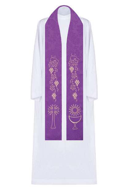 Stola sacerdotale con ricamo dorato Calice, Croce e vite