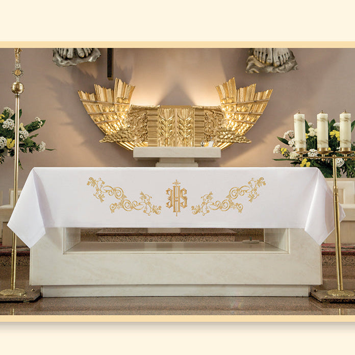 Tovaglia da altare, in poliestere, con ricamo dorato simbolo JHS. Dimensioni 165x300 cm