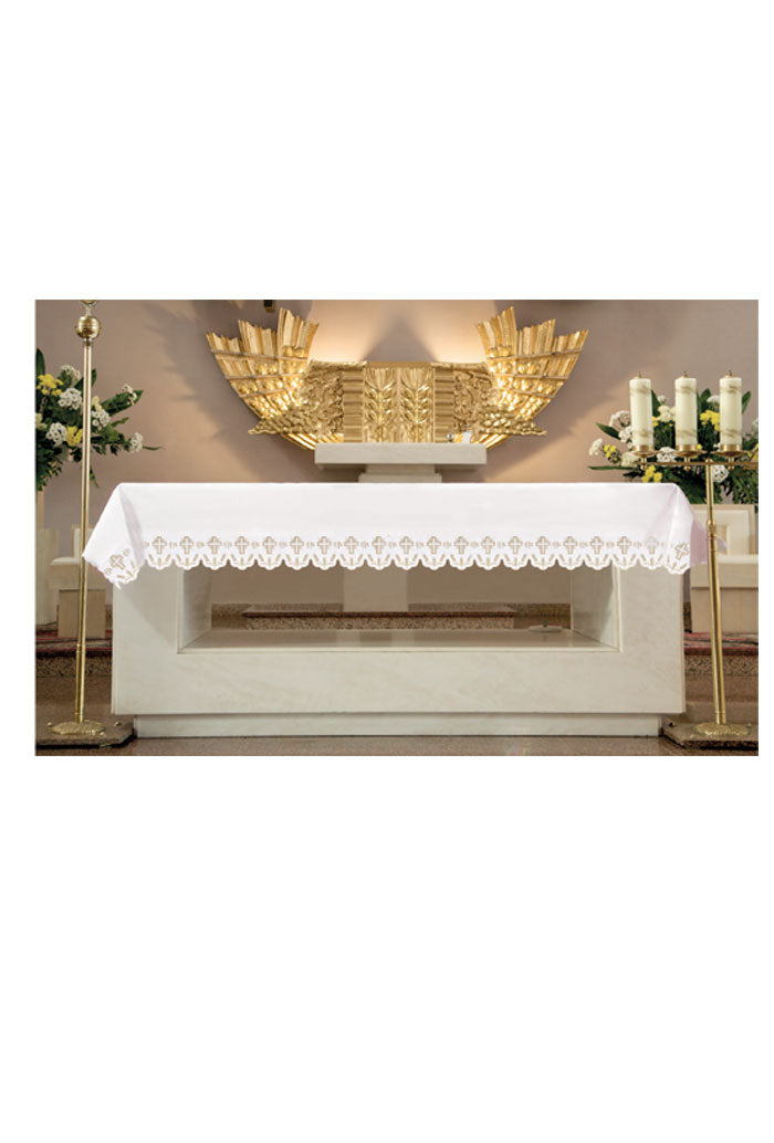 Tovaglia da altare, in poliestere, con ricamo Croce, JHS e spighe. Dimensioni 150X250 cm