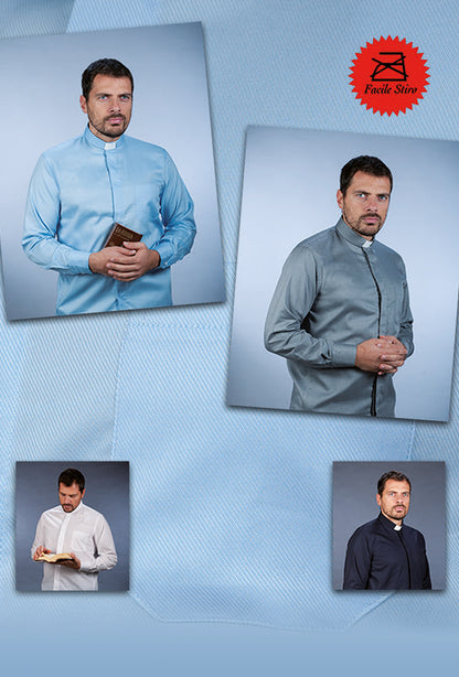 Camicia Clergy Bianca Manica Lunga | Trama Diagonale