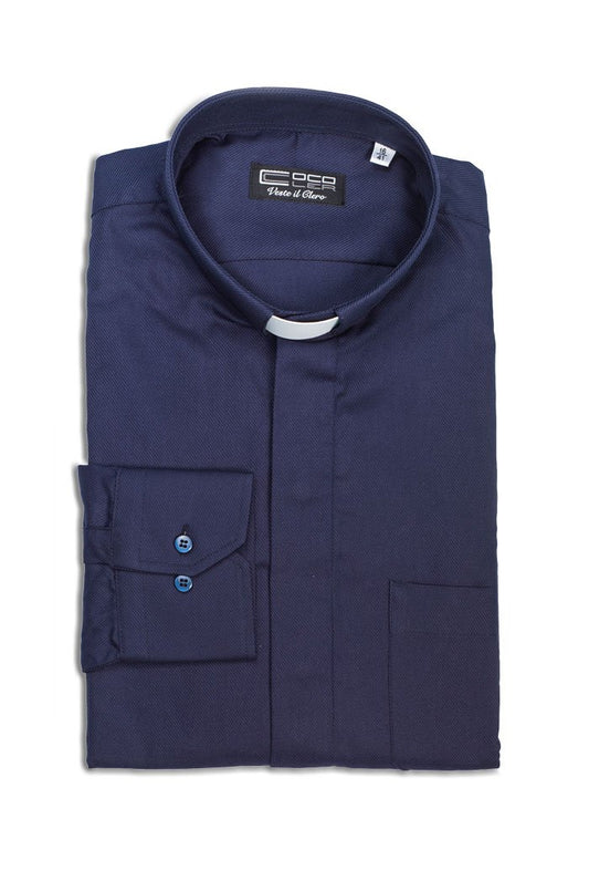 Camicia Clergy Blu Manica Lunga | Trama Diagonale