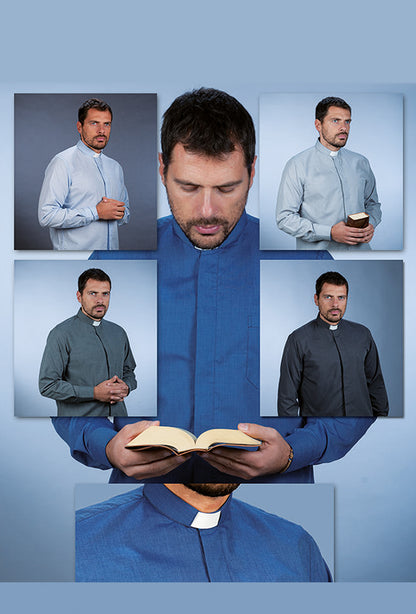 Camicia blu, manica lunga, misto cotone Filo a Filo, collo clergy