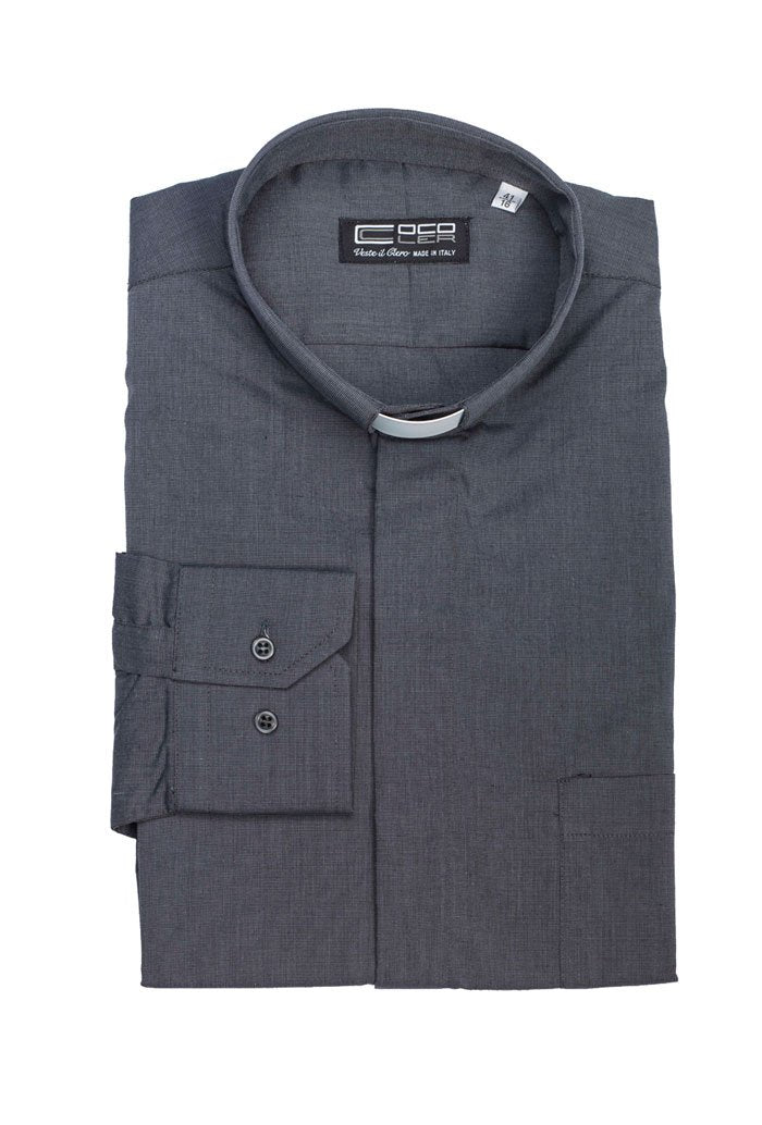 Camicia grigio scuro, manica lunga, misto cotone Filo a Filo, collo clergy