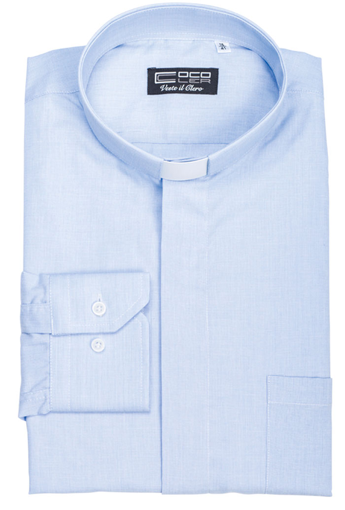 Camicia celeste, manica corta, misto cotone Filo a Filo, collo clergy