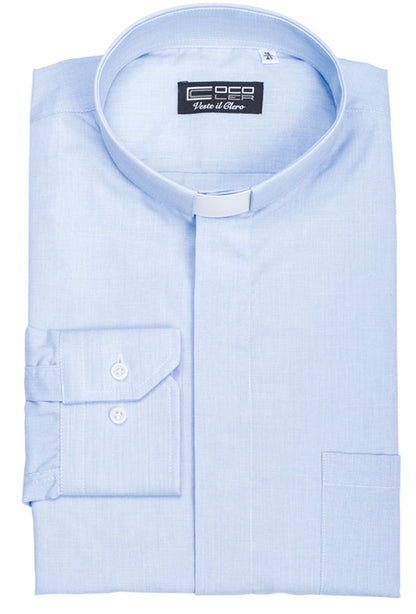 Camicia celeste, manica corta, misto cotone Filo a Filo, collo clergy