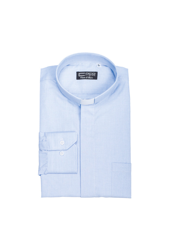 Camicia celeste, manica lunga, misto cotone Filo a Filo, collo clergy