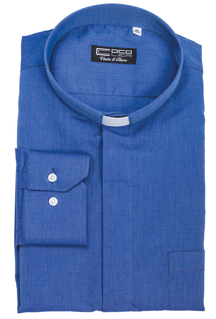 Camicia blu, manica corta, misto cotone Filo a Filo, collo clergy