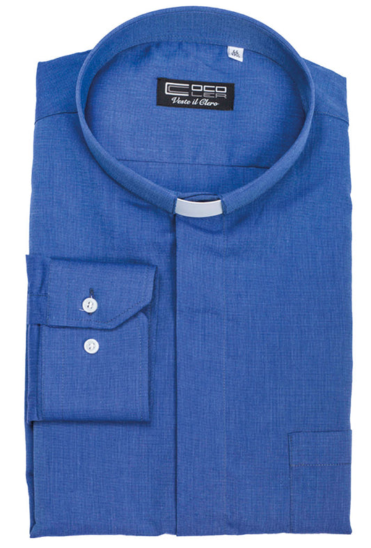 Camicia blu, manica corta, misto cotone Filo a Filo, collo clergy