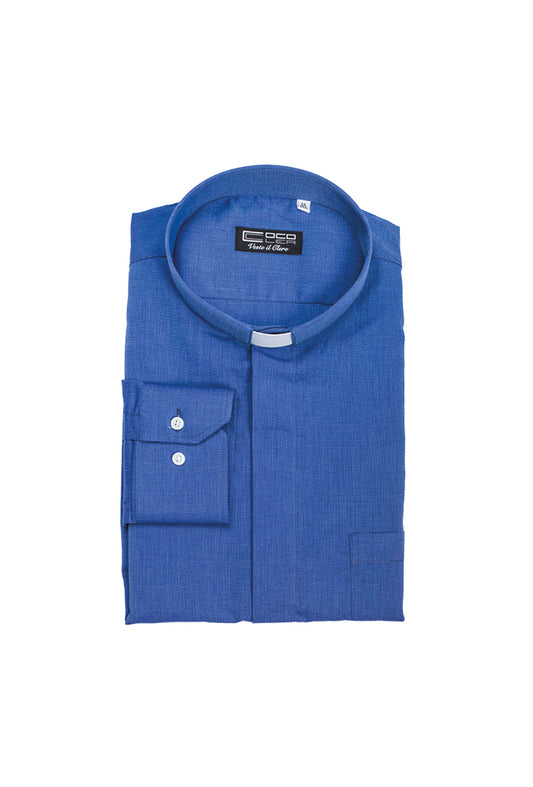 Camicia blu, manica lunga, misto cotone Filo a Filo, collo clergy