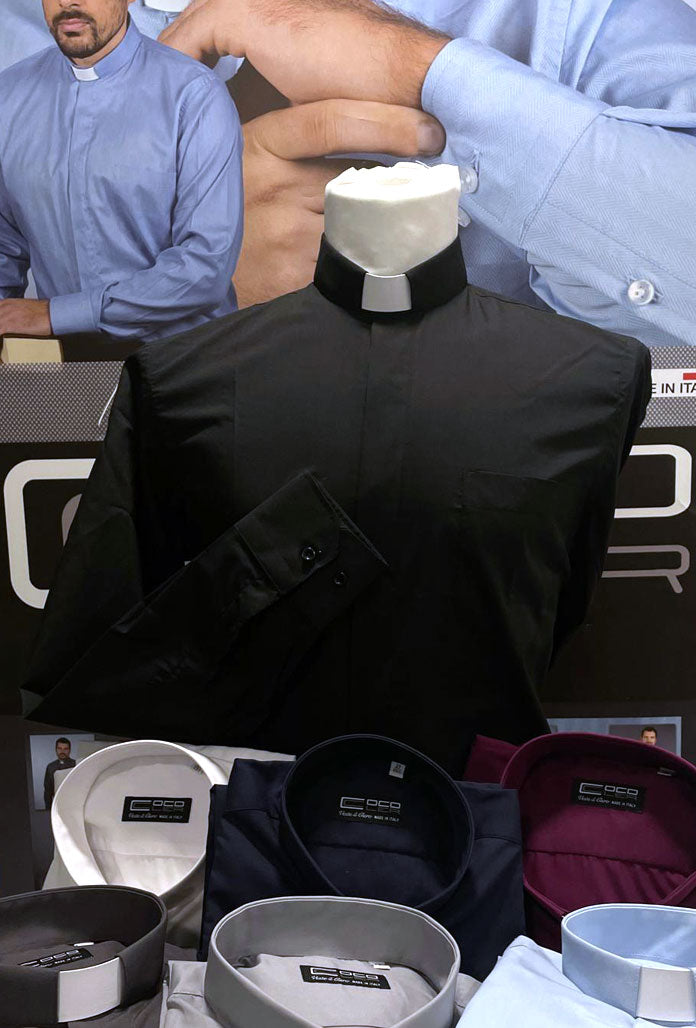 Camicia nera, manica lunga, misto cotone, collo clergy